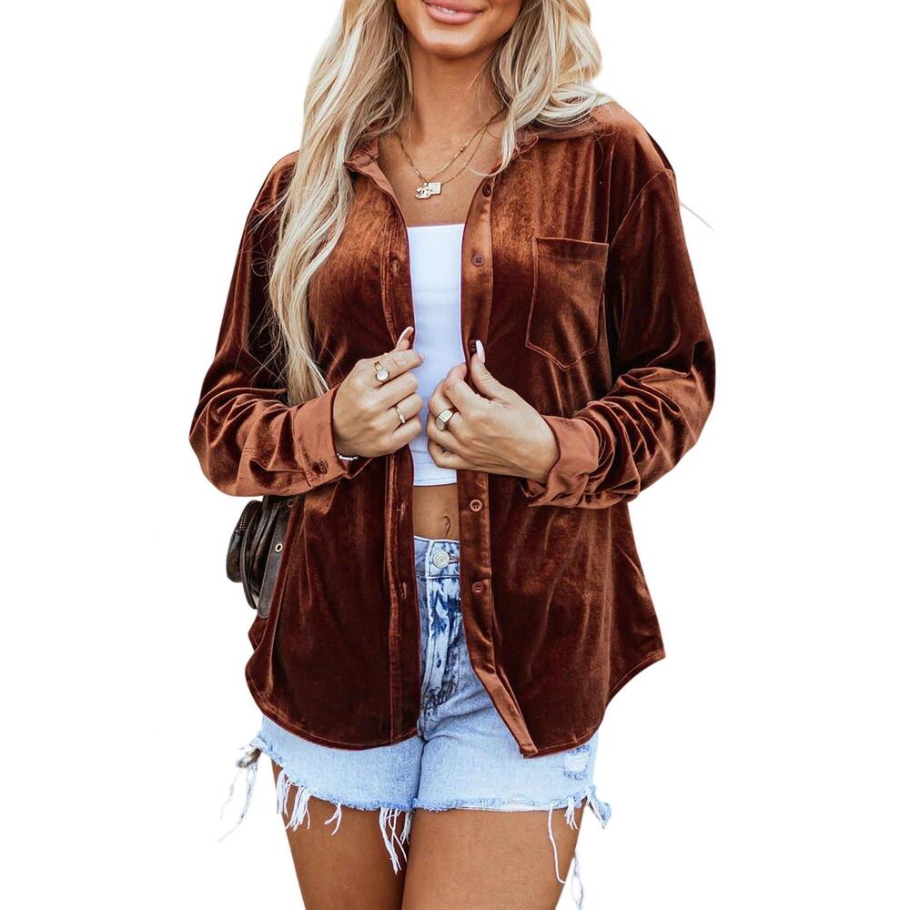 NEW PRETTY BASH velvet buttoned shirt in chestnut